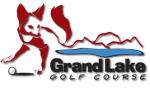 A red and black logo for grand lake golf course.