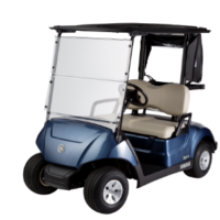 A blue golf cart with a white windshield.