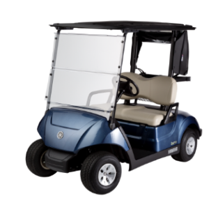 A blue golf cart with a white windshield.