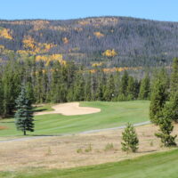 A golf course with trees and mountains in the background.