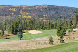 A golf course with trees and mountains in the background.