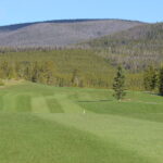 A golf course with trees and mountains in the background.